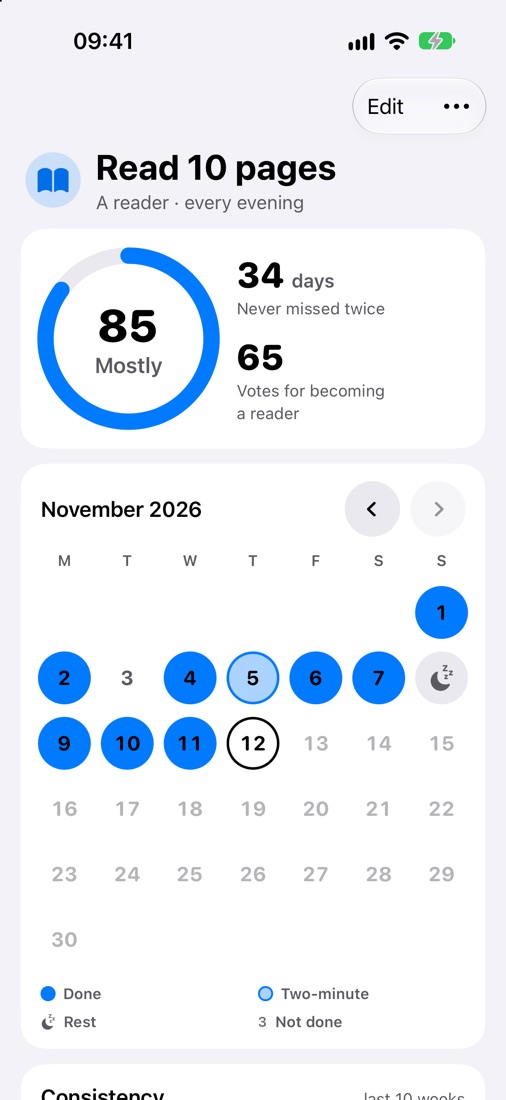 Habit detail: Your level, your run and the month at a glance.
