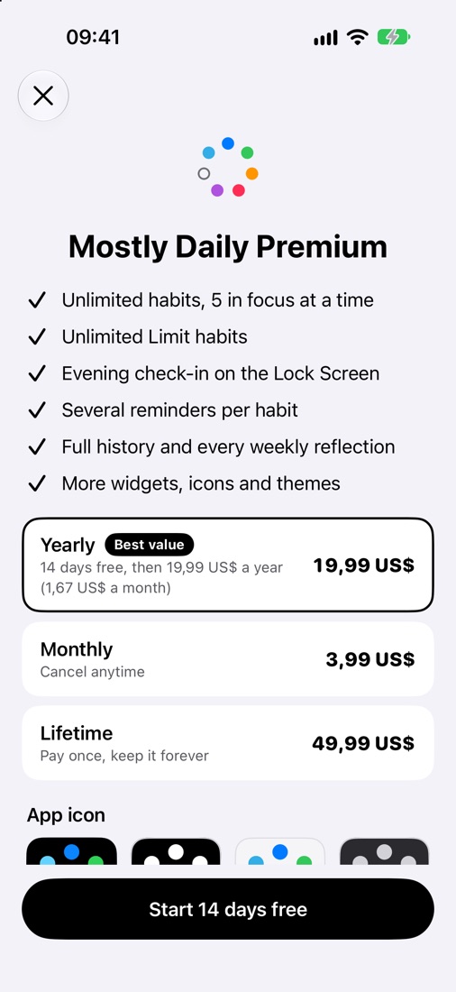Honest Premium: A 14-day free trial, and Free that stays free.