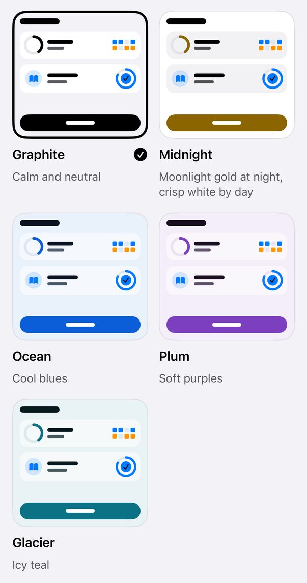 The theme picker: Graphite, Midnight, Ocean, Plum and Glacier, each shown as a small Today screen