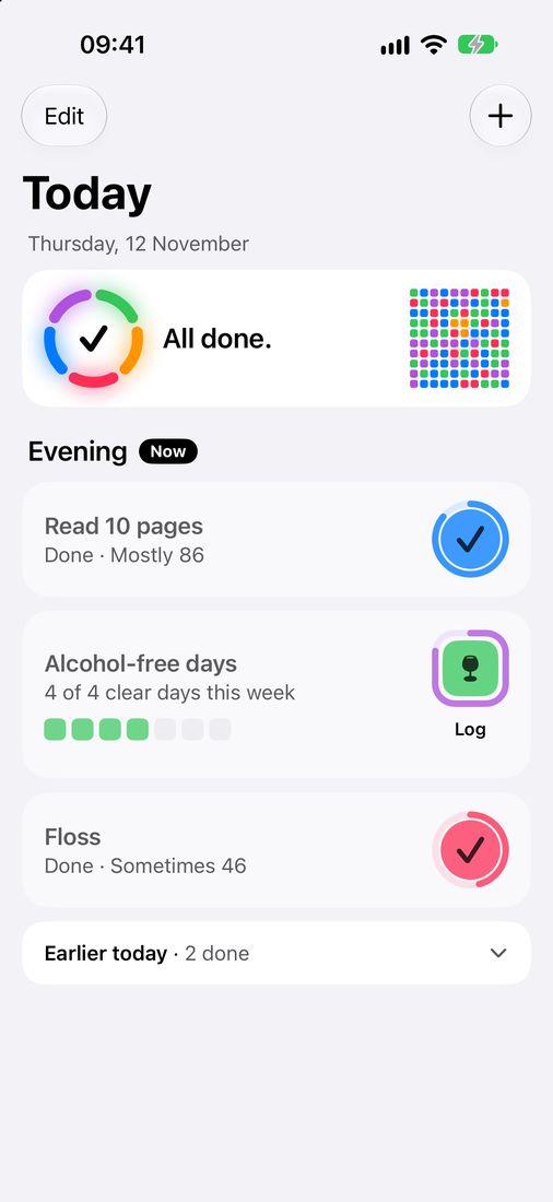 All done: the day ring in habit colours and the mosaic of check-ins