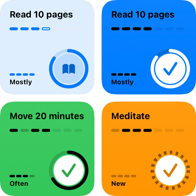 Habit widgets: Read 10 pages open and done, Move 20 minutes done, Meditate as a new habit